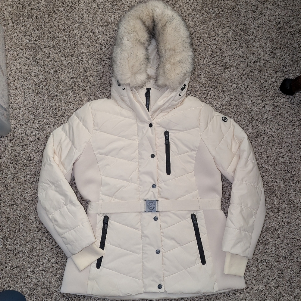 Michael Kors Cream Quilted Ski Jacket with Faux Fur Hood
